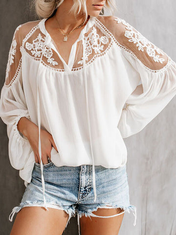 Airchics blouse mousseline dentelle strappy manches longues femme décontracté